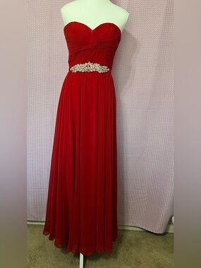 Cinderella Strapless Red Chiffon Gown with Beaded Waist